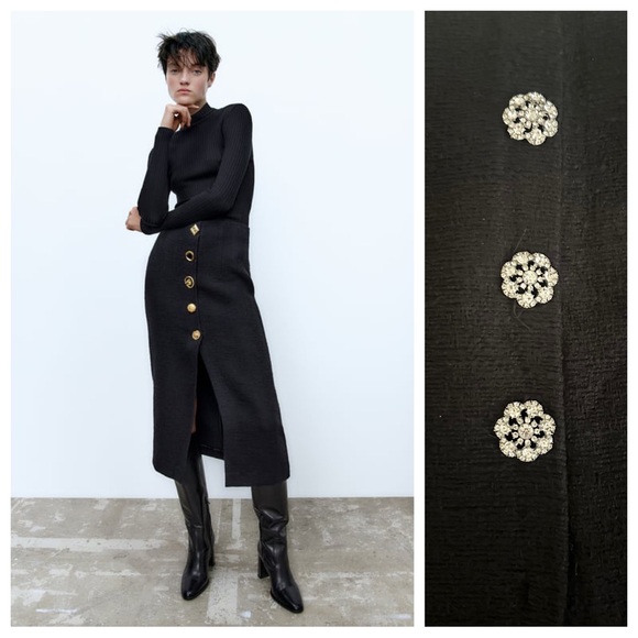 NWT. Zara Black Textured High-Waisted Midi Skirt with Jeweled Buttons Size XXL. - Picture 2 of 13